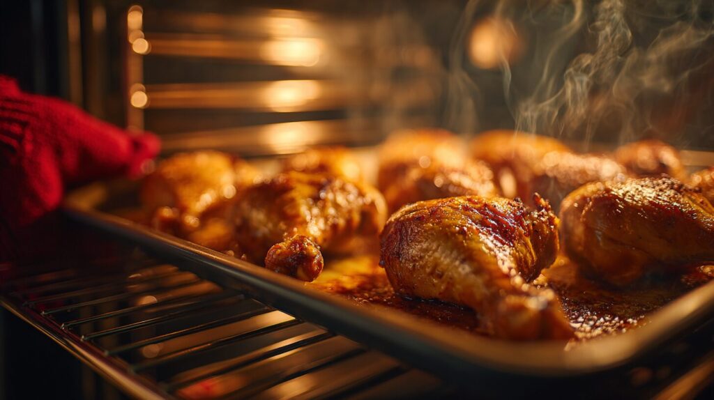 Chicken legs sizzling in oven on wire rack inside hot oven with visible steam and rendered fat