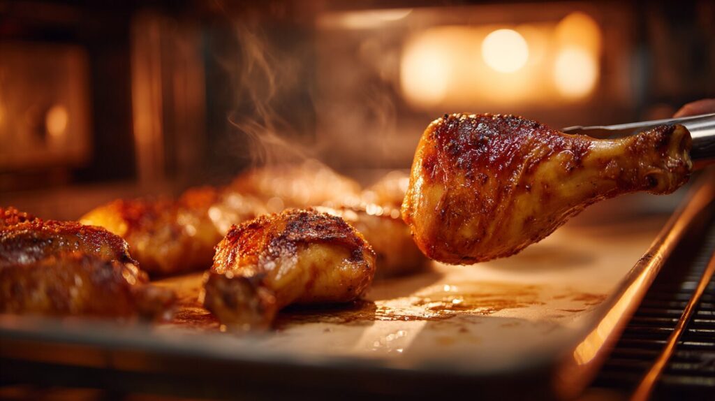 Tongs lifting a crispy baked chicken drumstick recipe from oven wire rack with rising steam