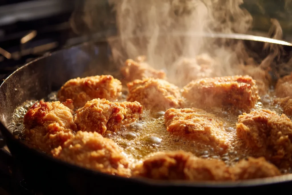 A close-up photograph looking down into a deep cast-iron skillet, where pieces of craggy fried chicken are aggressively sizzling and frothing in golden oil, with visible steam and heat.