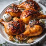 Golden-brown chicken legs in oven arranged on white ceramic platter on concrete surface with thyme and garlic