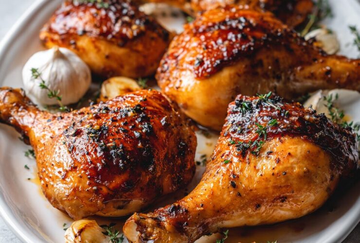 Golden-brown chicken legs in oven arranged on white ceramic platter on concrete surface with thyme and garlic