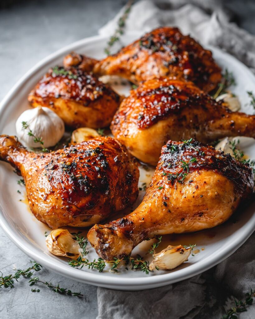 Golden-brown chicken legs in oven arranged on white ceramic platter on concrete surface with thyme and garlic