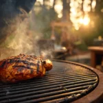 A whole, perfectly smoked chicken breast, glistening with golden-brown color and intricate grill marks, rests on a dark, weathered offset smoker grate with thick oak smoke rising.