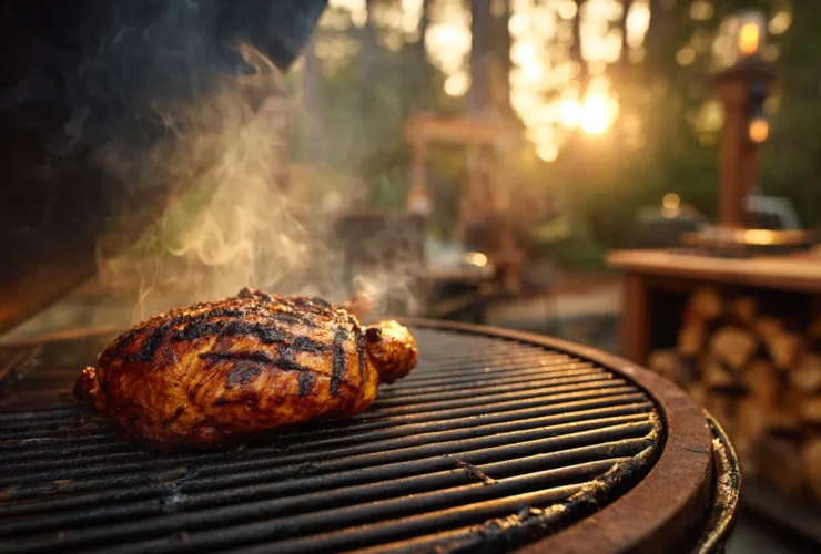 A whole, perfectly smoked chicken breast, glistening with golden-brown color and intricate grill marks, rests on a dark, weathered offset smoker grate with thick oak smoke rising.