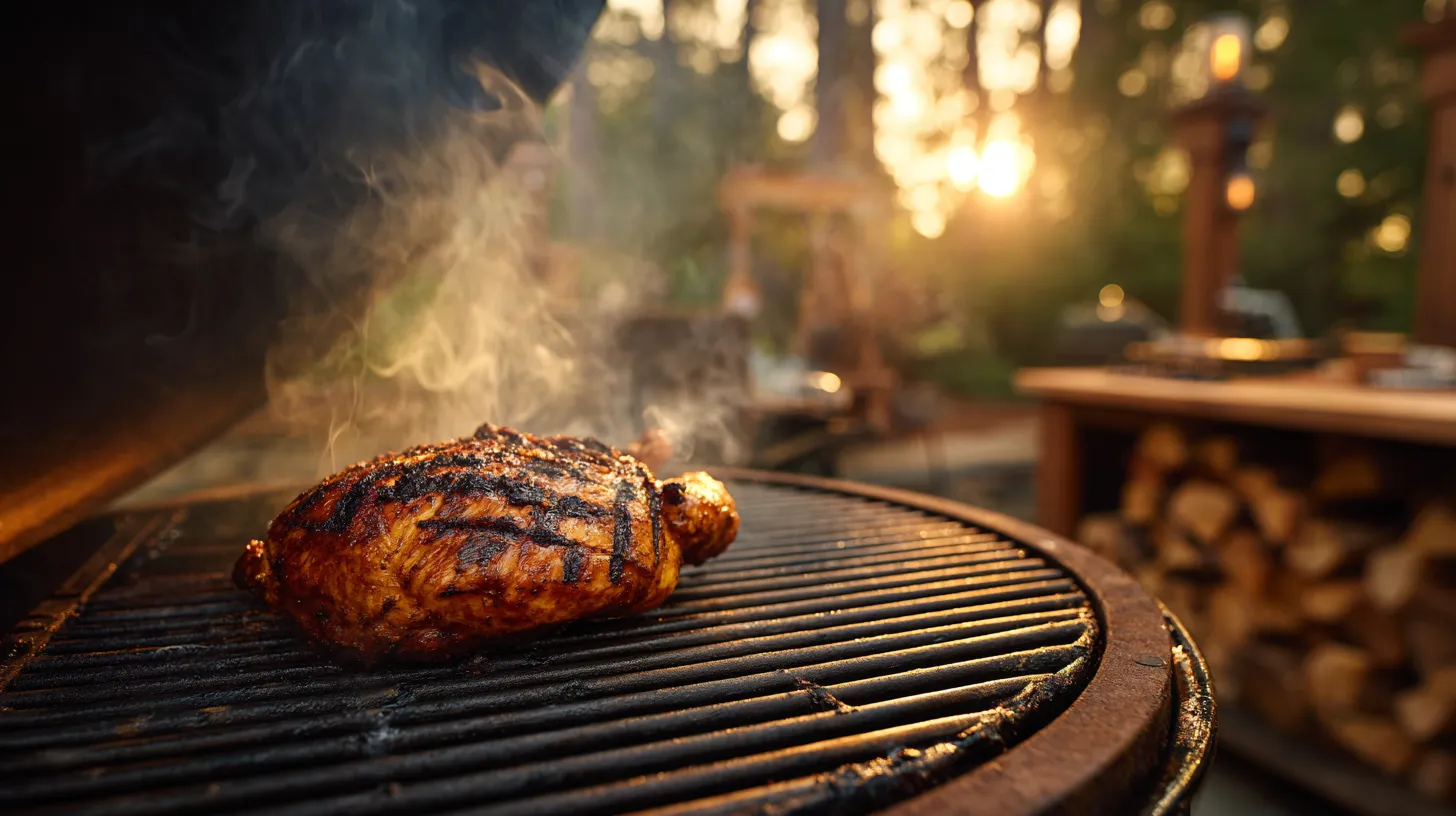 A whole, perfectly smoked chicken breast, glistening with golden-brown color and intricate grill marks, rests on a dark, weathered offset smoker grate with thick oak smoke rising.