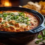 A creamy buffalo chicken dip slow cooker recipe served with tortilla chips.