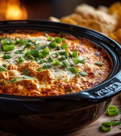 A creamy buffalo chicken dip slow cooker recipe served with tortilla chips.