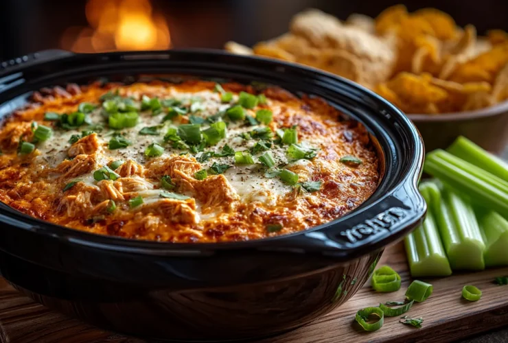 A creamy buffalo chicken dip slow cooker recipe served with tortilla chips.