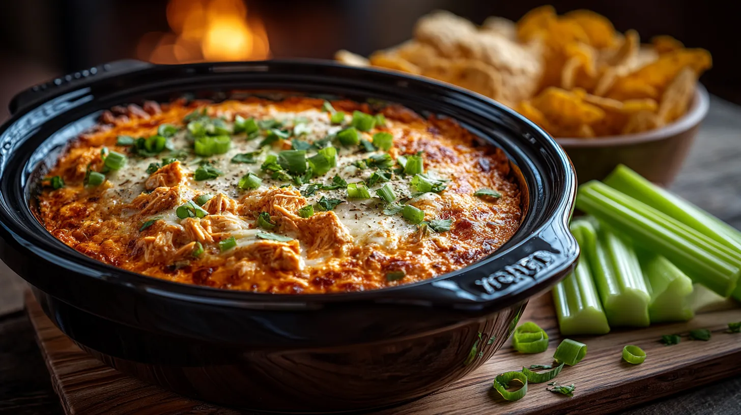 A creamy buffalo chicken dip slow cooker recipe served with tortilla chips.