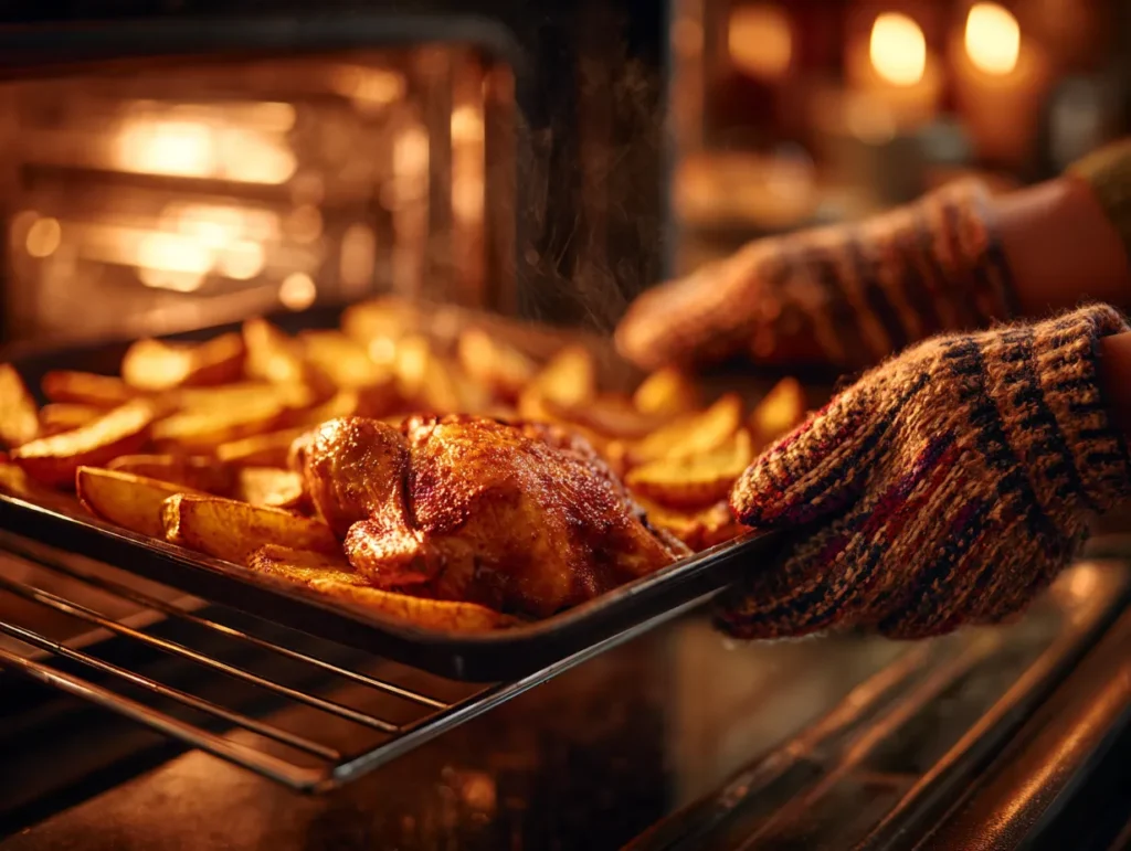 Pulling a hot, sizzling sheet pan of roasted chicken and golden potatoes out of the oven, showcasing a classic technique for delicious chicken and potato recipes.