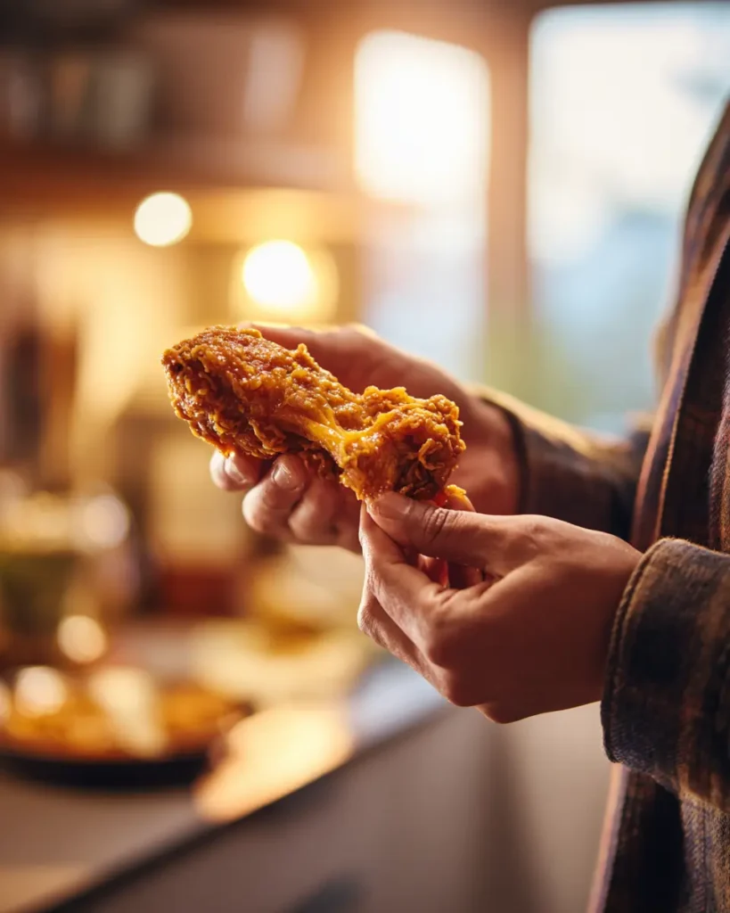 Person happily eating a piece of hot, juicy reheated fried chicken in a kitchen - how to reheat fried chicken