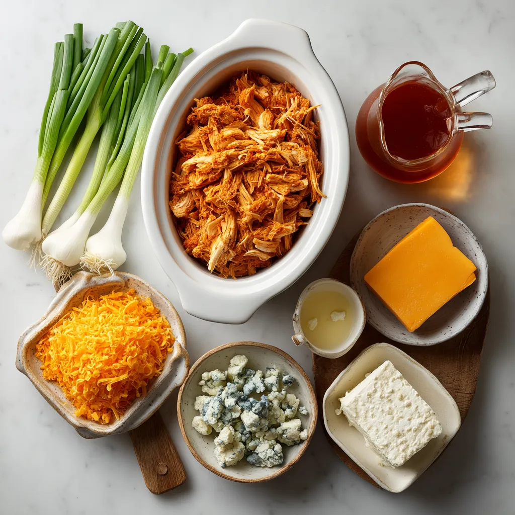 Ingredients for buffalo chicken dip including cream cheese, chicken, and hot sauce.