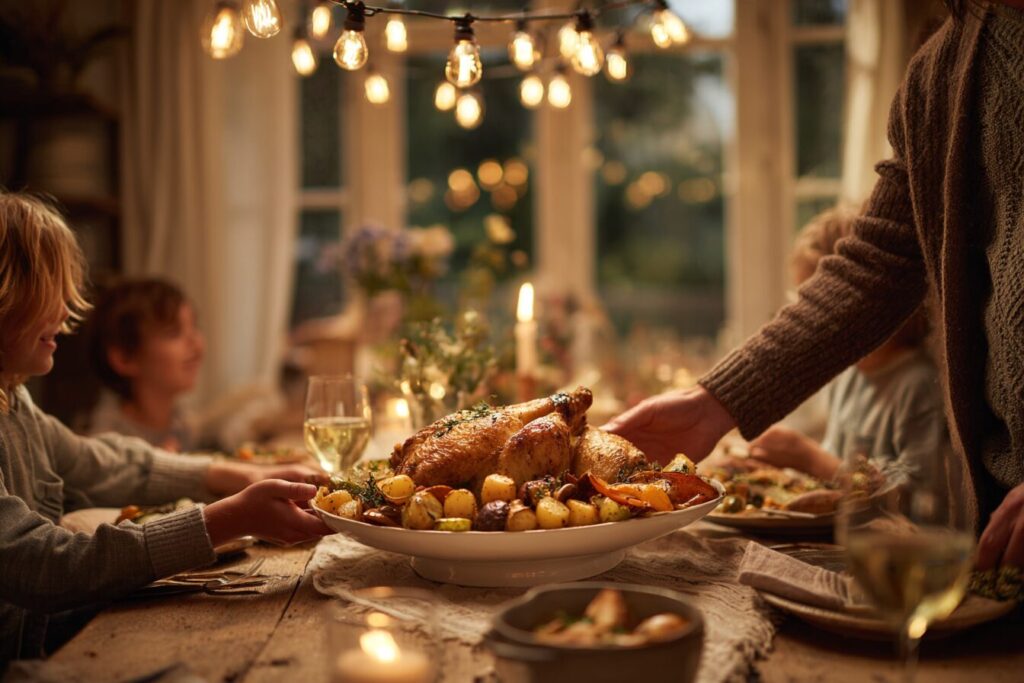 Family reaching for oven baked chicken legs at farmhouse dinner table — the perfect answer to how long to cook chicken legs in oven