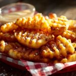 A red and white paper basket overflowing with crispy homemade chick fil a waffle fries recipe seasoned with sea salt.