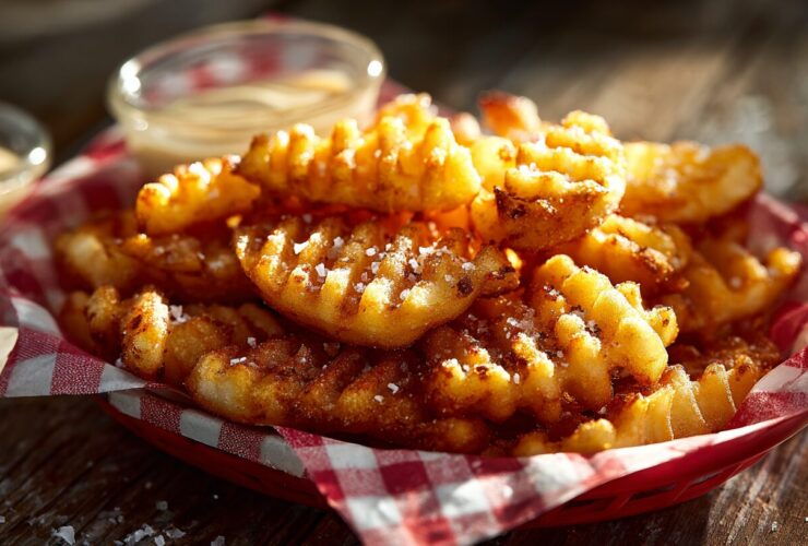 A red and white paper basket overflowing with crispy homemade chick fil a waffle fries recipe seasoned with sea salt.