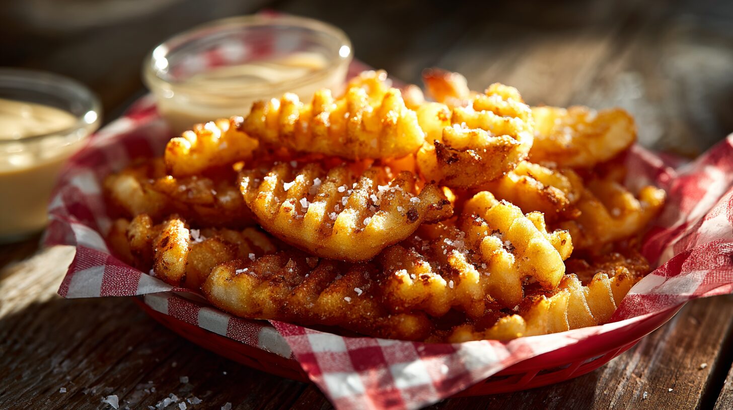 A red and white paper basket overflowing with crispy homemade chick fil a waffle fries recipe seasoned with sea salt.
