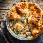 Top-down view of a freshly baked homemade kfc chicken pot pie with a flaky golden crust.