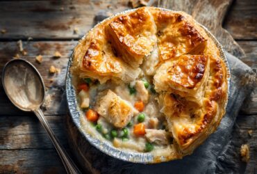 Top-down view of a freshly baked homemade kfc chicken pot pie with a flaky golden crust.