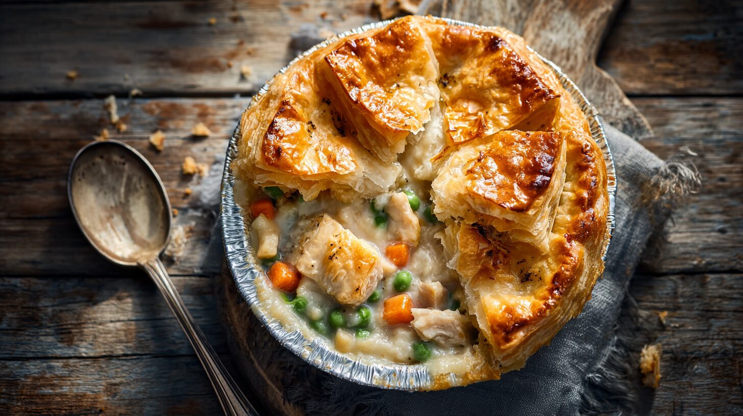 Top-down view of a freshly baked homemade kfc chicken pot pie with a flaky golden crust.