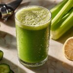 A tall glass of fresh green body cleanse juice recipe surrounded by raw ingredients like apple, celery, and cucumber.