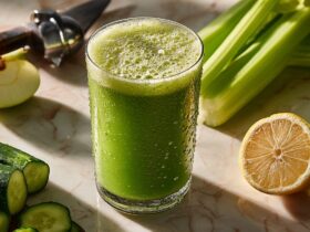 A tall glass of fresh green body cleanse juice recipe surrounded by raw ingredients like apple, celery, and cucumber.