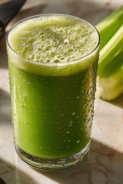 A tall glass of fresh green body cleanse juice recipe surrounded by raw ingredients like apple, celery, and cucumber.