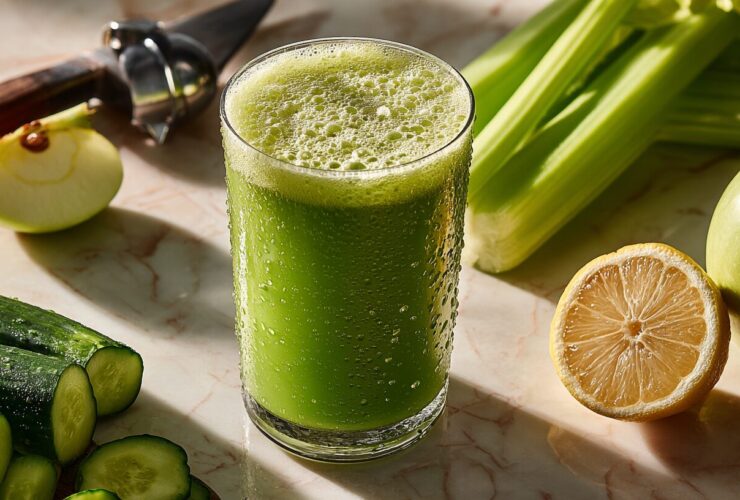 A tall glass of fresh green body cleanse juice recipe surrounded by raw ingredients like apple, celery, and cucumber.