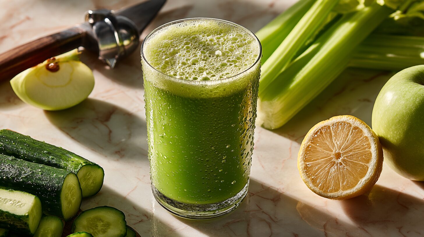 A tall glass of fresh green body cleanse juice recipe surrounded by raw ingredients like apple, celery, and cucumber.