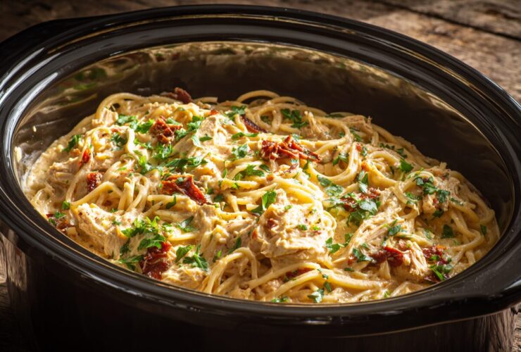 Top-down view of creamy, cheesy spaghetti crock pot chicken garnished with fresh parsley.