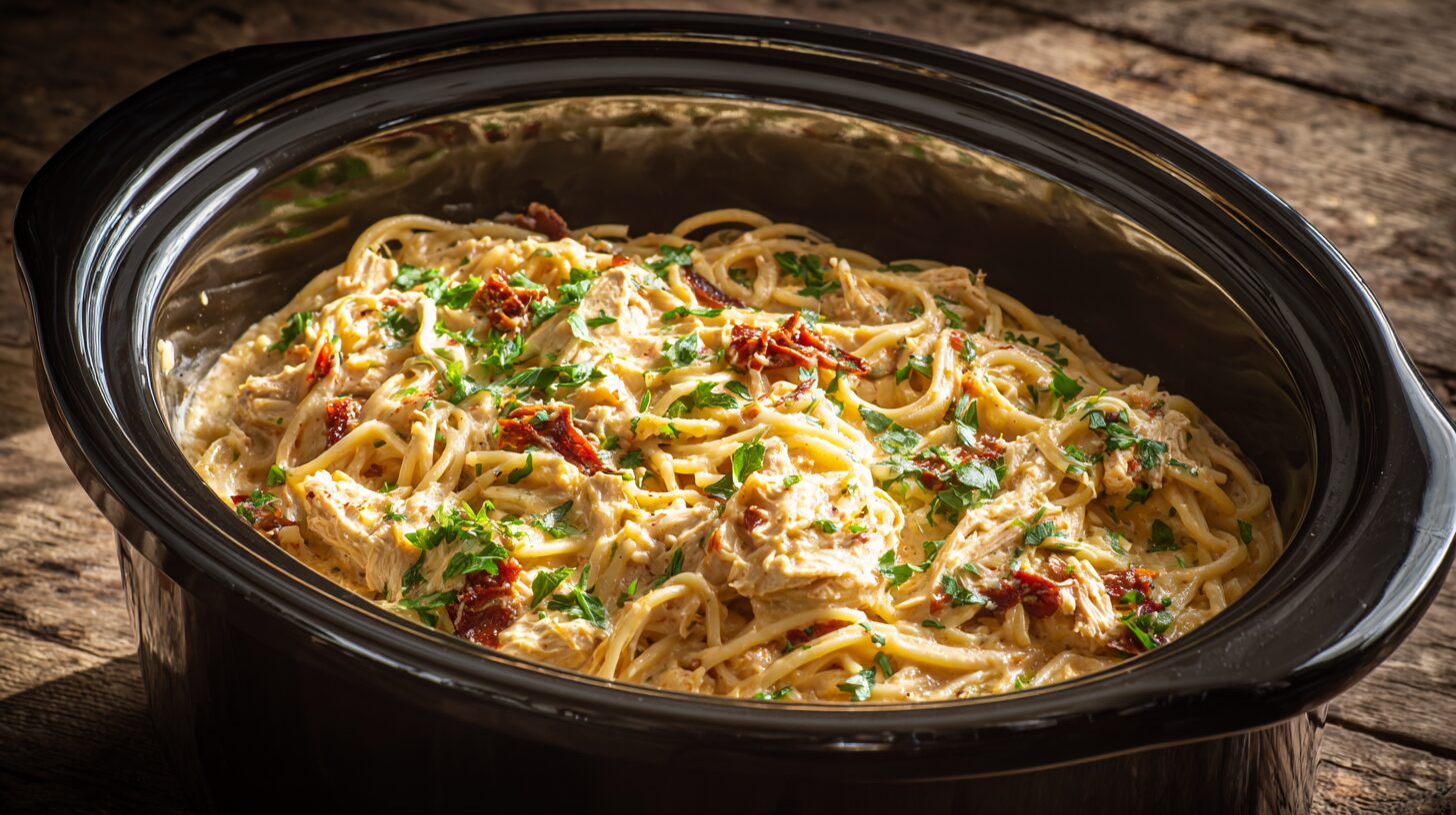 Top-down view of creamy, cheesy spaghetti crock pot chicken garnished with fresh parsley.