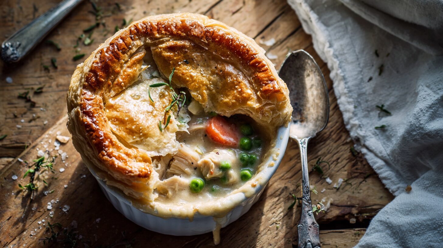 Top-down view of a freshly baked homemade chicken pot pie kentucky fried style with a flaky golden crust.
