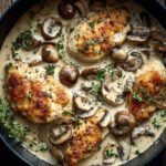 Top-down view of cooked chicken in mushroom soup slow cooker recipe garnished with fresh thyme.