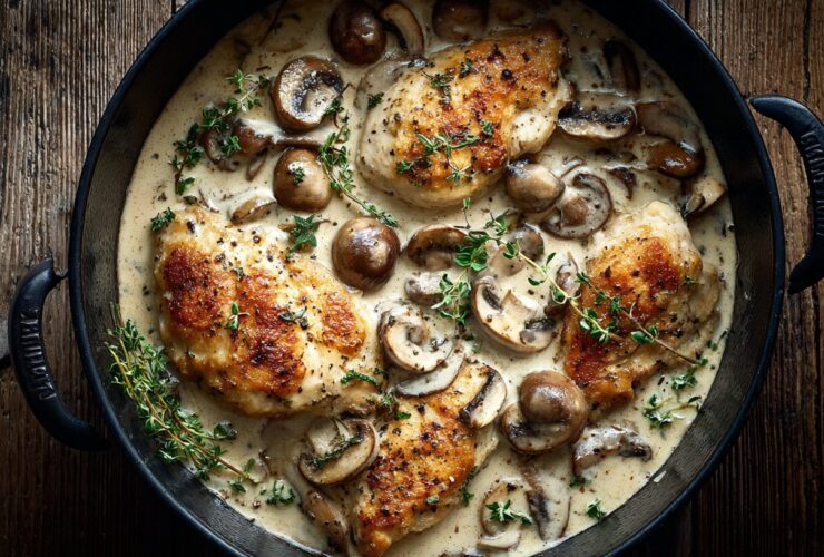 Top-down view of cooked chicken in mushroom soup slow cooker recipe garnished with fresh thyme.