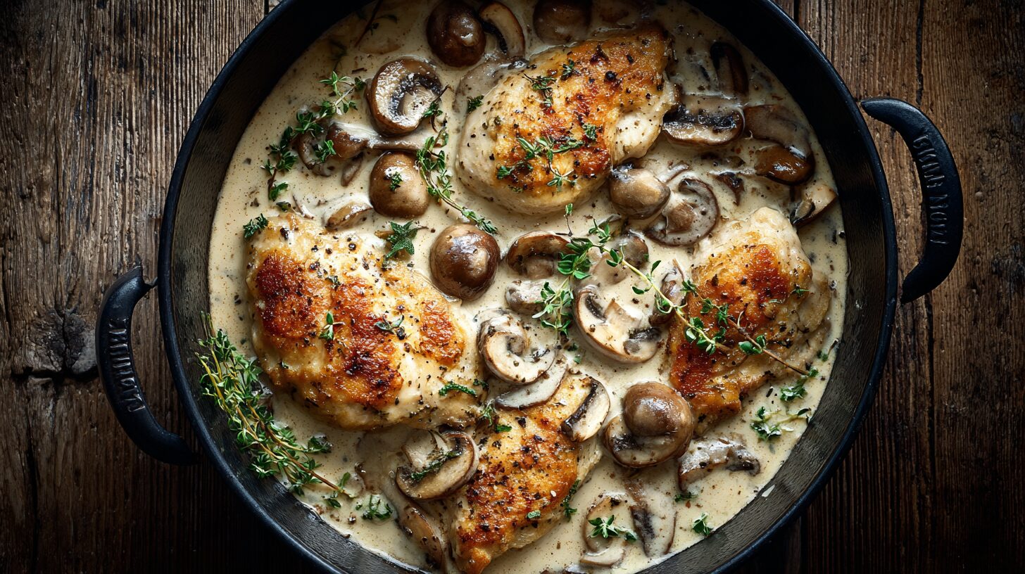 Top-down view of cooked chicken in mushroom soup slow cooker recipe garnished with fresh thyme.
