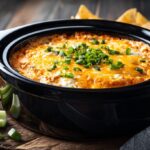 Top-down view of a creamy, cheesy frank's buffalo chicken dip slow cooker recipe served with chips and celery.