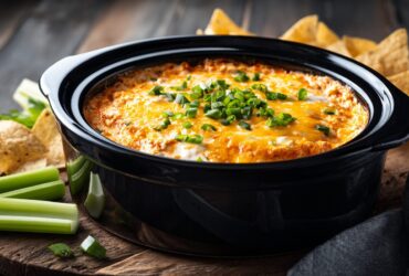 Top-down view of a creamy, cheesy frank's buffalo chicken dip slow cooker recipe served with chips and celery.