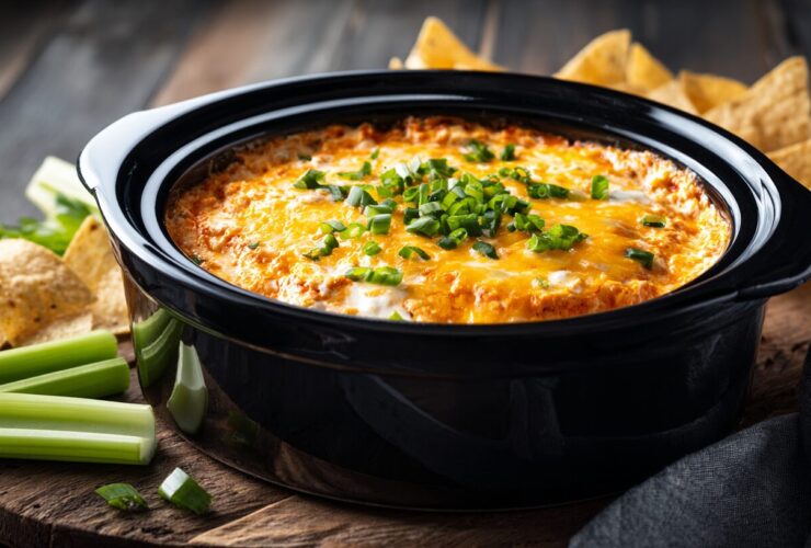 Top-down view of a creamy, cheesy frank's buffalo chicken dip slow cooker recipe served with chips and celery.