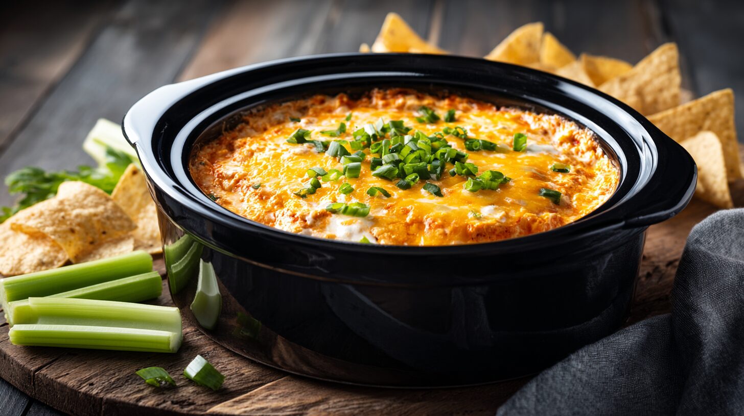 Top-down view of a creamy, cheesy frank's buffalo chicken dip slow cooker recipe served with chips and celery.