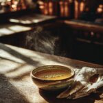 Homemade chicken stock recipe in ceramic bowl with steam rising, golden farmhouse light