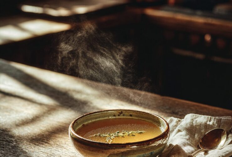 Homemade chicken stock recipe in ceramic bowl with steam rising, golden farmhouse light