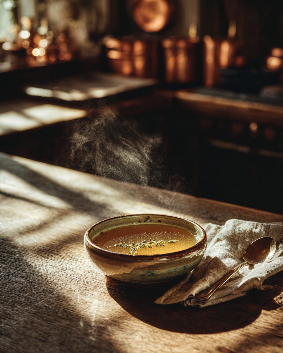 Homemade chicken stock recipe in ceramic bowl with steam rising, golden farmhouse light