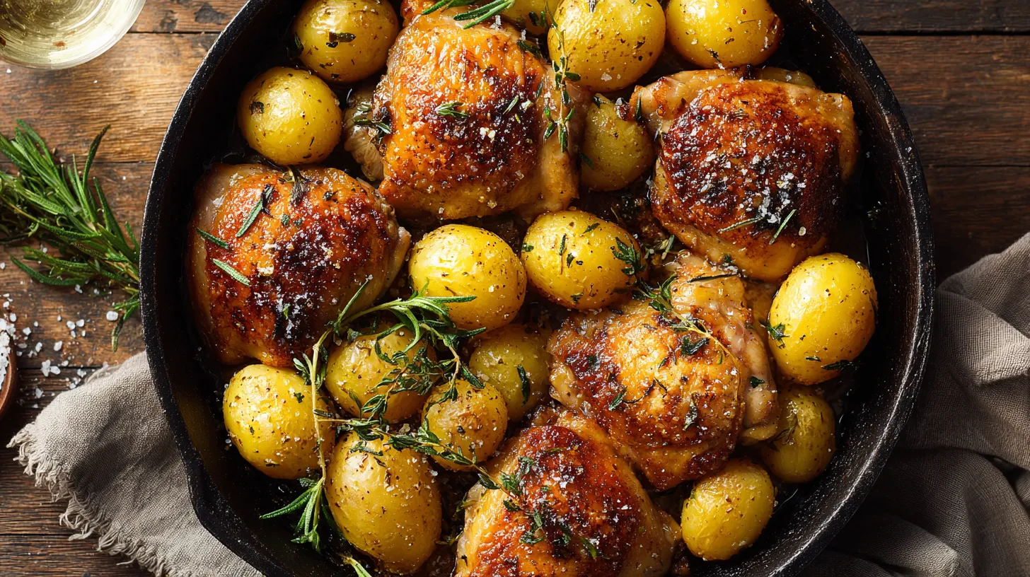 Extreme close-up of a juicy piece of roasted chicken alongside a crispy, golden, herb-crusted potato wedge, highlighting the delicious savory textures of chicken and potato recipes.