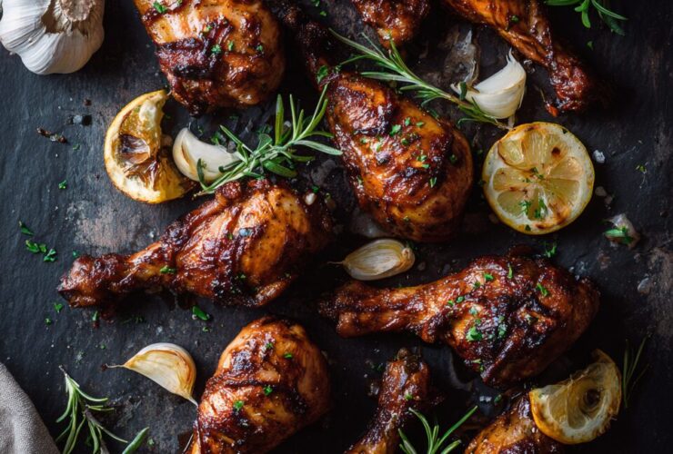 Overhead view of crispy baked chicken drumsticks recipe on dark slate with herbs and lemon