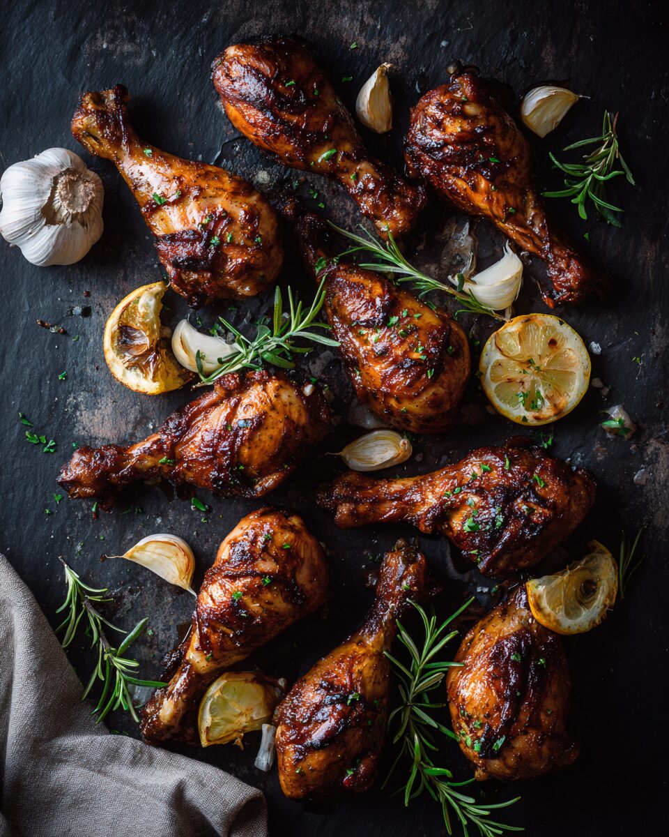 Overhead view of crispy baked chicken drumsticks recipe on dark slate with herbs and lemon
