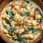A comforting, restaurant-style bowl of Creamy Chicken Gnocchi Soup (Olive Garden style), abundant with plump gnocchi, shredded chicken, fresh spinach, and carrots in a rich white broth, served on a warm-lit table with crusty bread.