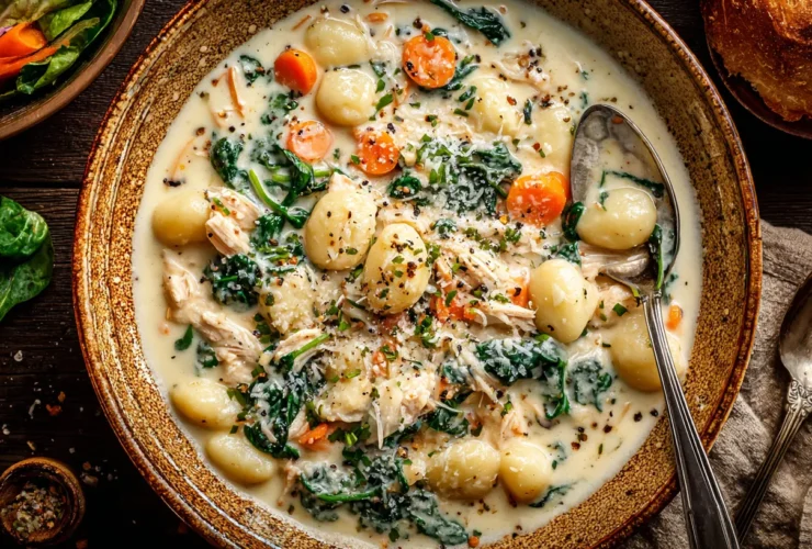 A comforting, restaurant-style bowl of Creamy Chicken Gnocchi Soup (Olive Garden style), abundant with plump gnocchi, shredded chicken, fresh spinach, and carrots in a rich white broth, served on a warm-lit table with crusty bread.