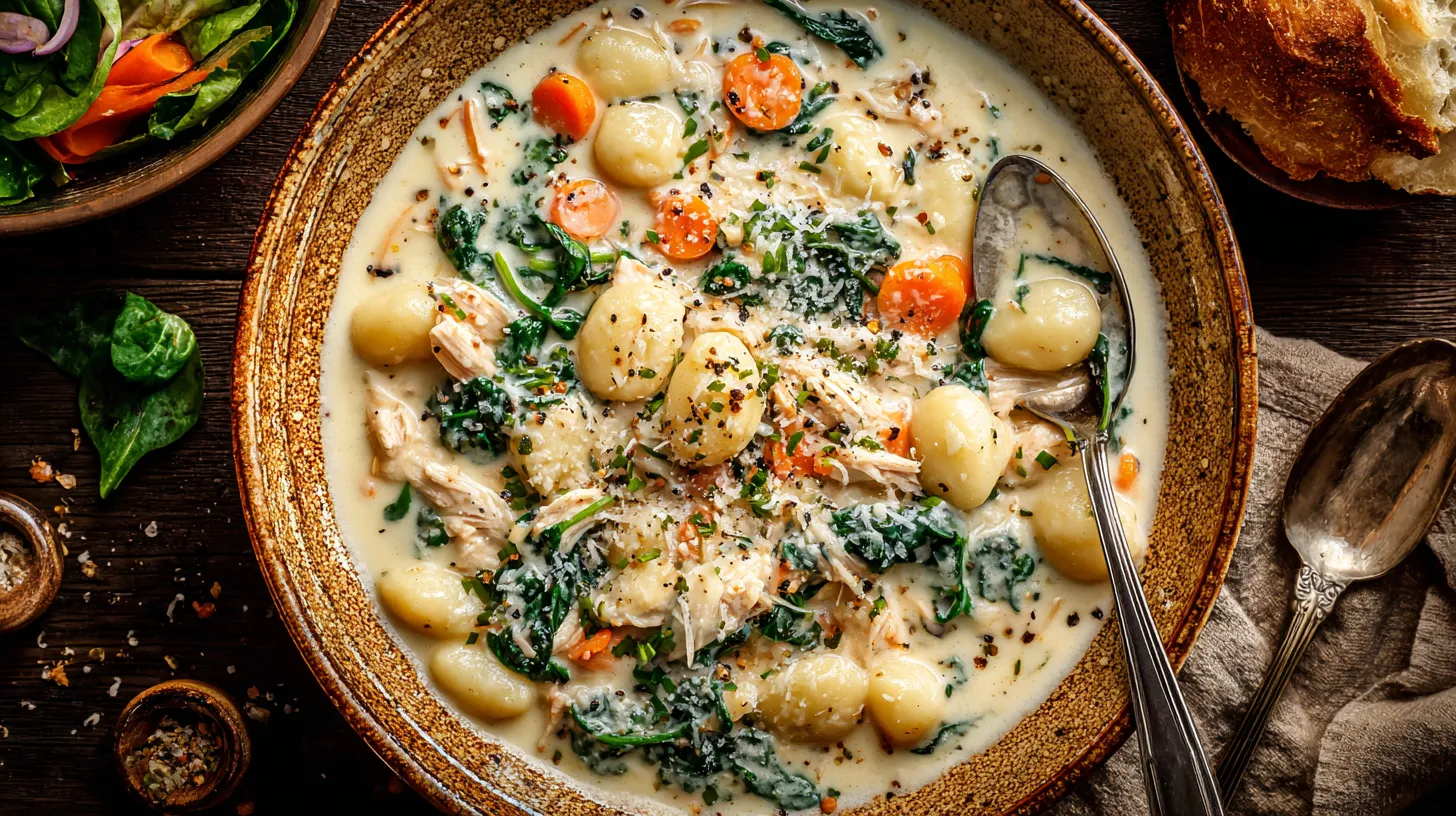 A comforting, restaurant-style bowl of Creamy Chicken Gnocchi Soup (Olive Garden style), abundant with plump gnocchi, shredded chicken, fresh spinach, and carrots in a rich white broth, served on a warm-lit table with crusty bread.