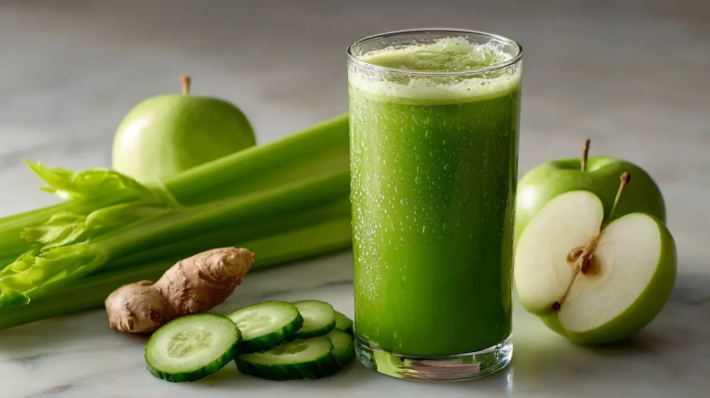 Juicer recipes — fresh green juice in a tall glass with celery, cucumber, apple and ginger on marble