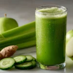 Juicer recipes — fresh green juice in a tall glass with celery, cucumber, apple and ginger on marble