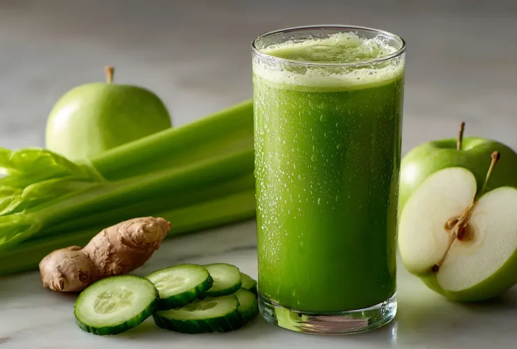 Juicer recipes — fresh green juice in a tall glass with celery, cucumber, apple and ginger on marble